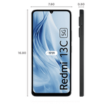 Front and side view of Redmi 13C 5G smartphone with waterdrop notch and slim design showing dimensions