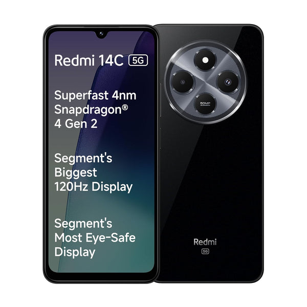 Redmi 14C 5G smartphone with triple rear cameras and large 120Hz eye-safe display