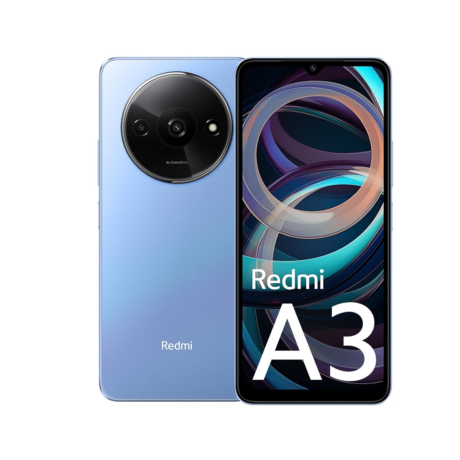Redmi A3 4GB 128GB Lake Blue smartphone showing front display and rear camera design