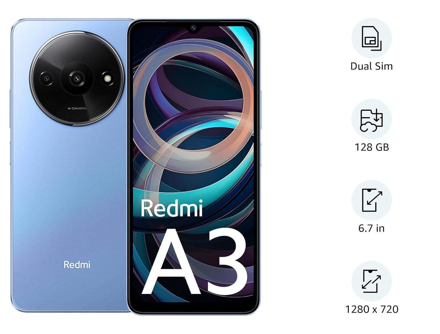 Redmi A3 6GB 128GB Lake Blue smartphone showing front display and rear camera with dual SIM support
