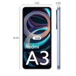 Redmi A3 6GB 128GB Lake Blue smartphone front and side view with dimensions in centimeters