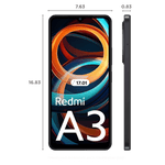 Front and side view of Redmi A3 6GB 128GB Midnight Black phone with screen dimensions displayed