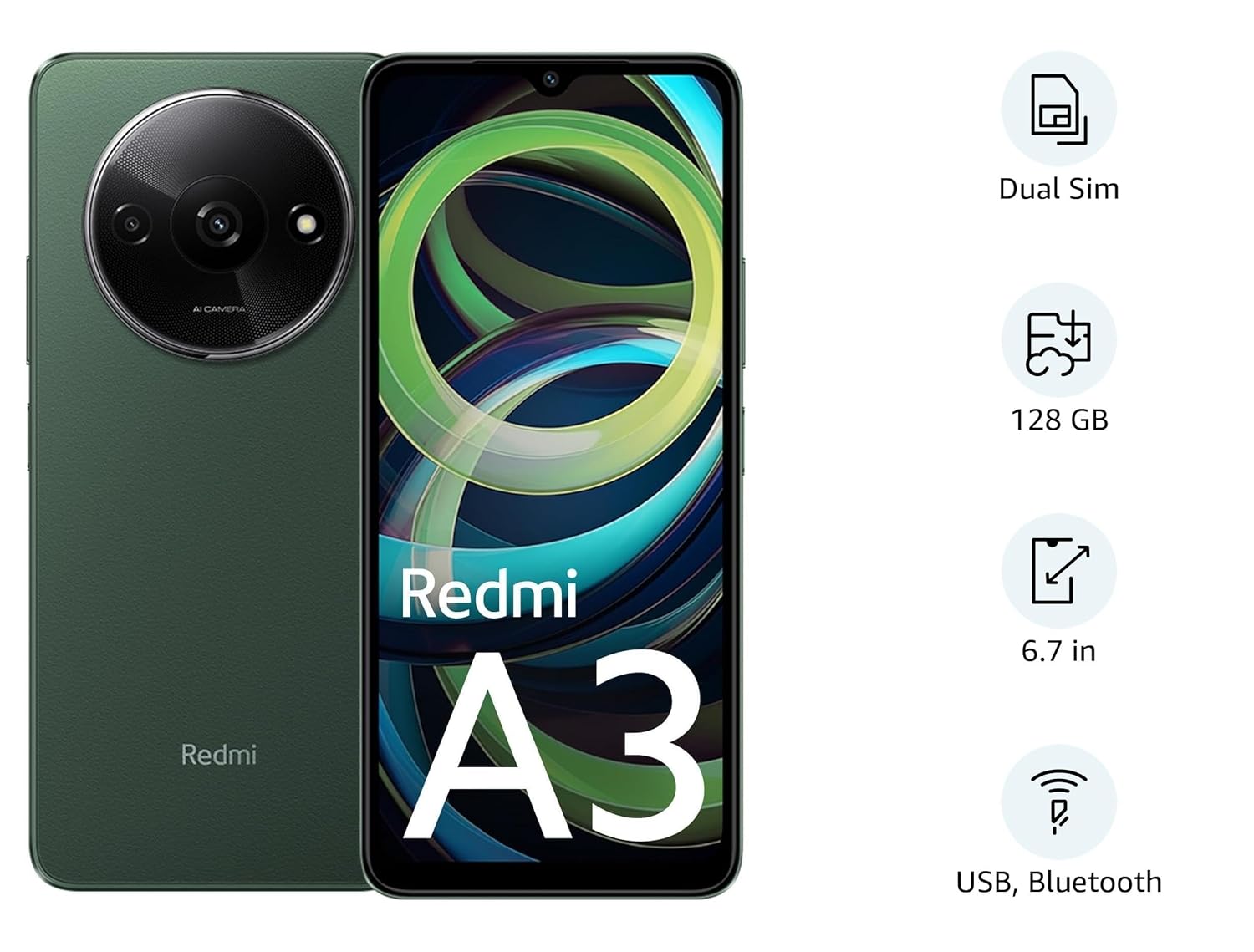 Redmi A3 6GB RAM 128GB phone in green with dual sim, 6.7 inch display, USB and Bluetooth features