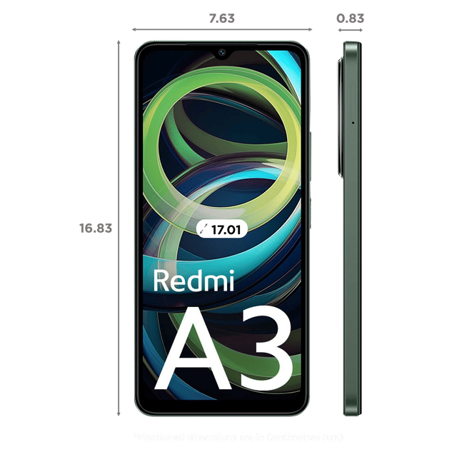 Redmi A3 6GB RAM 128GB smartphone front and side view with display and dimensions in centimeters