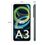 Redmi A3 6GB RAM 128GB smartphone front and side view with display and dimensions in centimeters