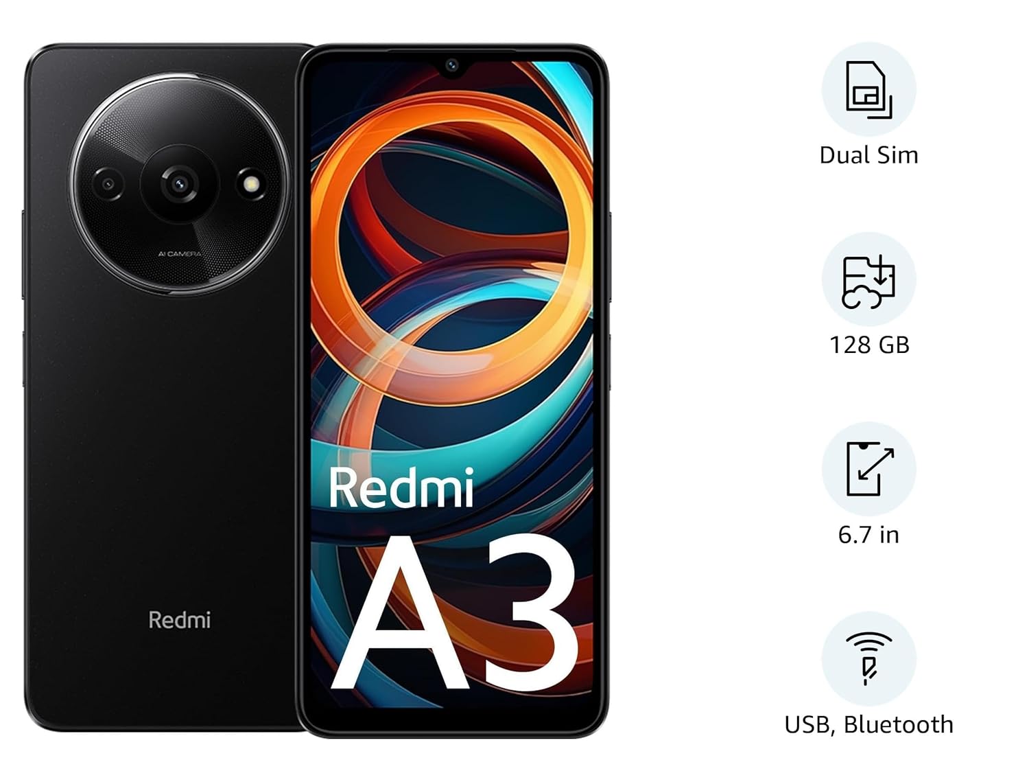 Redmi A3 phone black with 6.7 inch display dual SIM 128 GB storage USB and Bluetooth