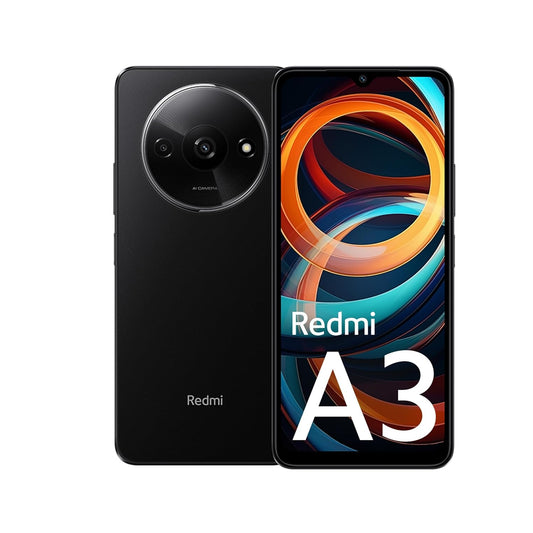 Black Redmi A3 phone showing front display with colorful design and dual camera on the back