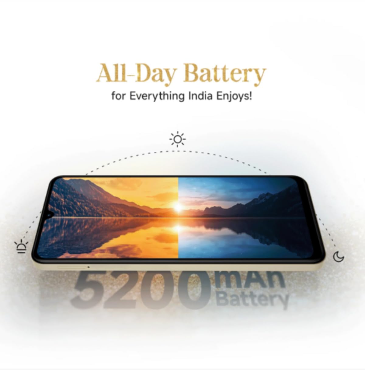 Redmi A5 4GB 128GB smartphone showing all-day battery with 5200mAh capacity and vibrant display