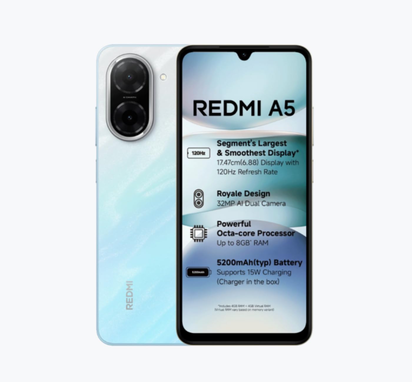 Redmi A5 4GB 128GB smartphone with dual rear cameras and large display with 120Hz refresh rate