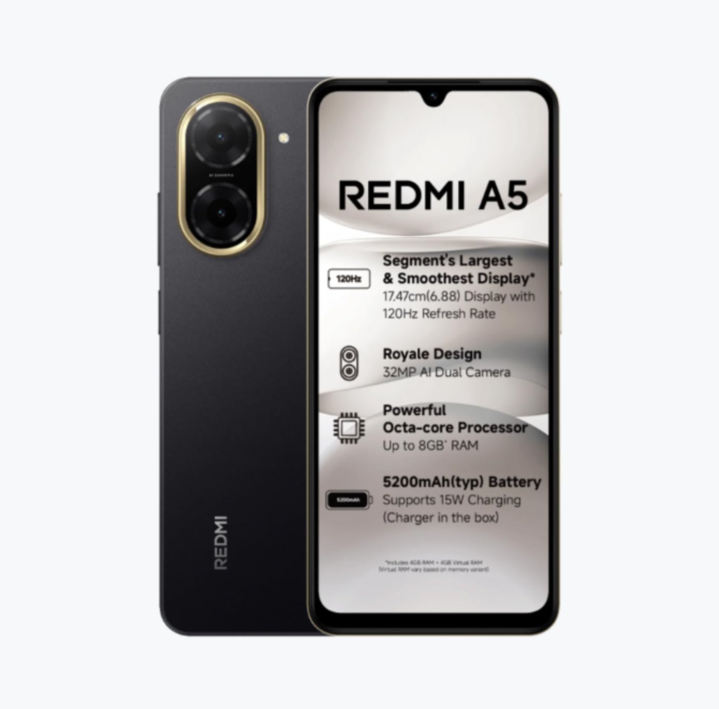 Redmi A5 4GB 128GB smartphone with black sleek design and dual rear cameras
