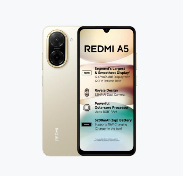 Redmi A5 4GB 128GB smartphone in gold with dual rear cameras and large smooth display