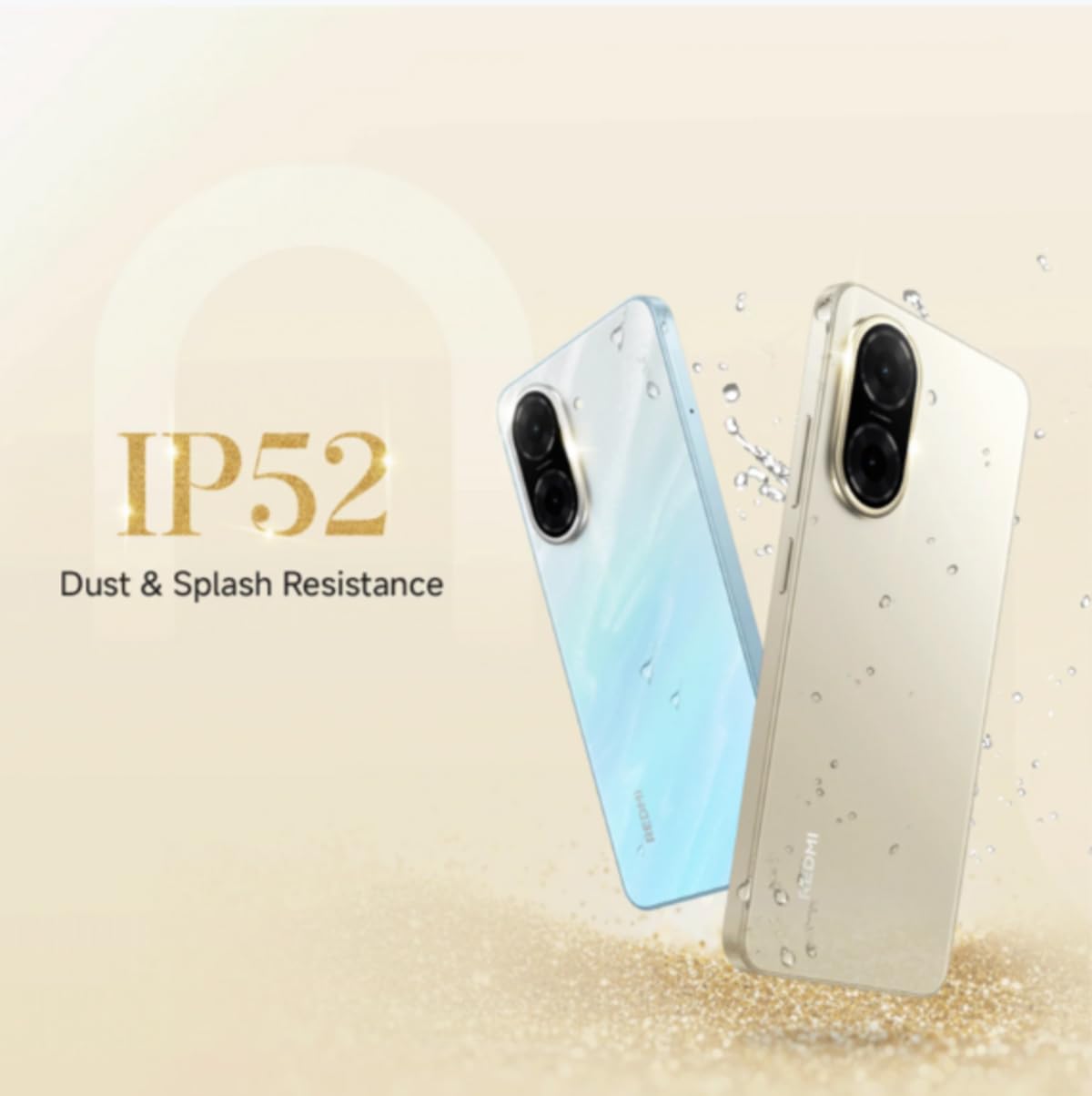 Redmi A5 4GB 128GB smartphone in blue and gold with IP52 dust and splash resistance feature