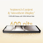 Redmi A5 4GB 128GB smartphone showing largest 6.88 inch display with 120Hz refresh rate and 600 nits brightness