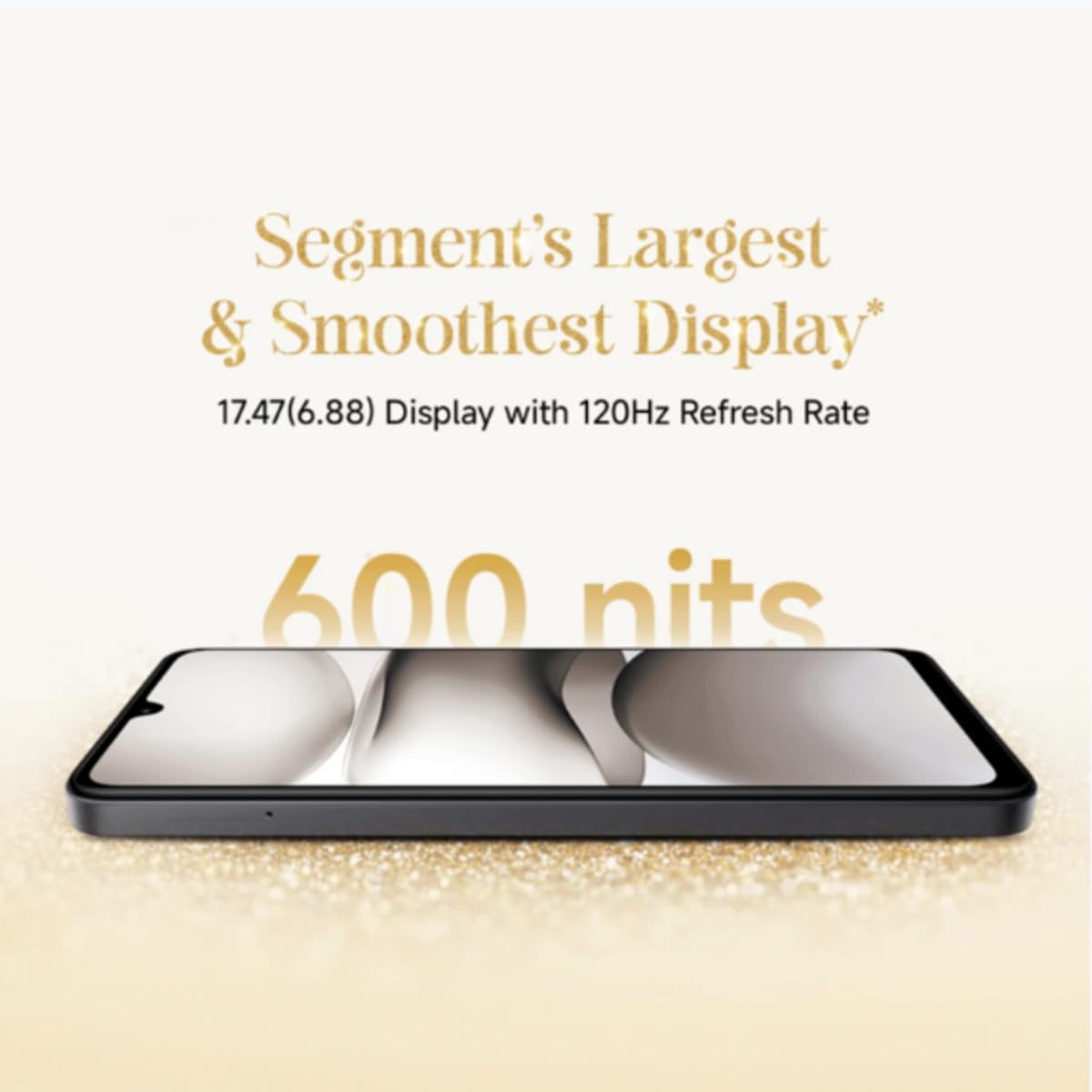 Redmi A5 4GB 128GB smartphone showing largest 6.88 inch display with 120Hz refresh rate and 600 nits brightness
