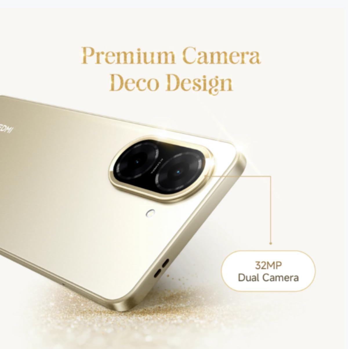 Redmi A5 4GB 128GB smartphone gold color showing premium dual 32MP camera design