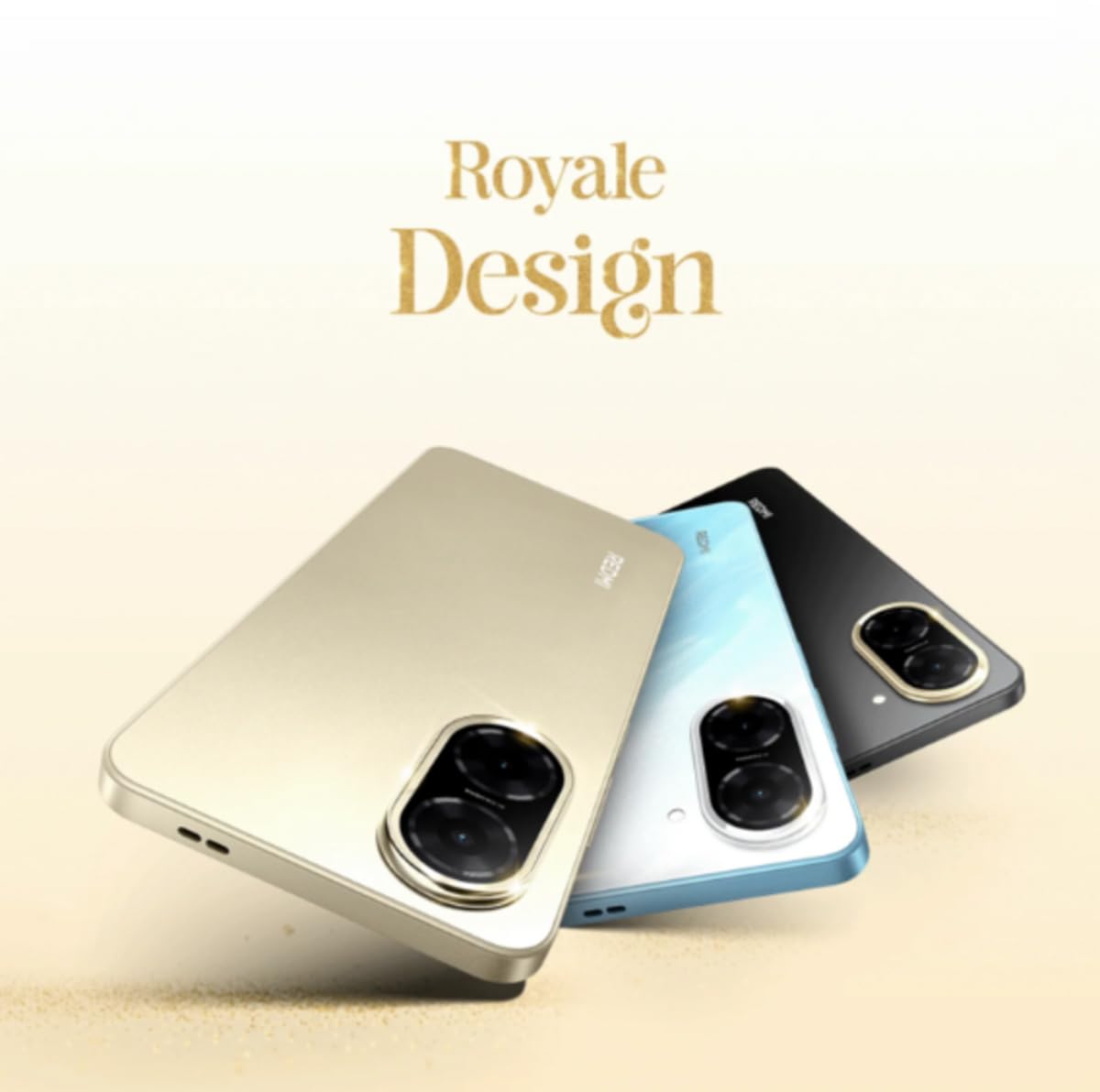 Redmi A5 4GB 128GB smartphone in gold blue and black with dual camera royale design