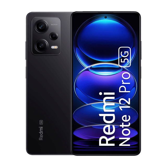 Redmi Note 12 Pro 5G Glacier Black phone with triple camera setup and vibrant display