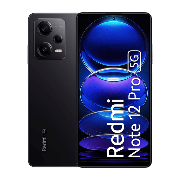 Redmi Note 12 Pro 5G Glacier Black phone with triple camera setup and vibrant display