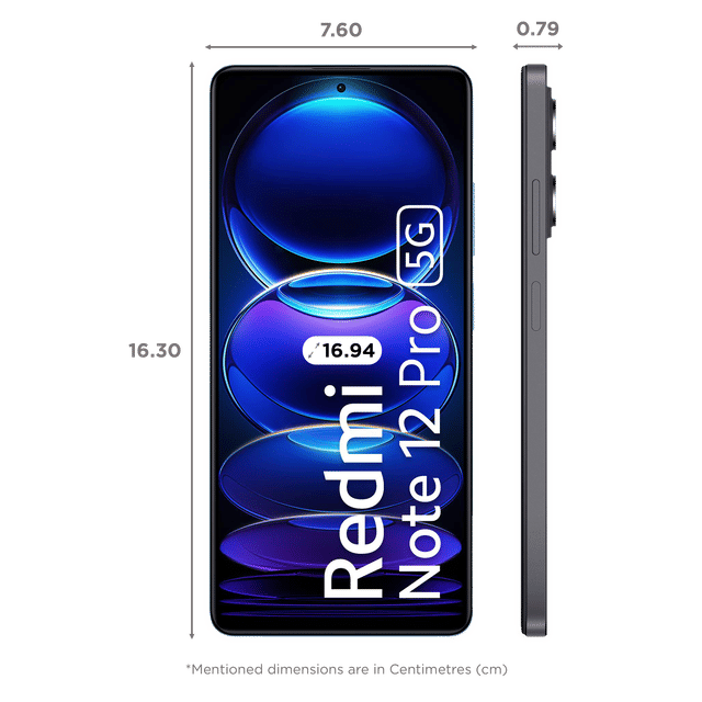 Redmi Note 12 Pro 5G Glacier Black smartphone front and side view with screen dimensions shown