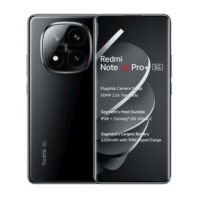 Redmi Note 14 Pro Plus 5G phone black color with quad camera setup and curved display