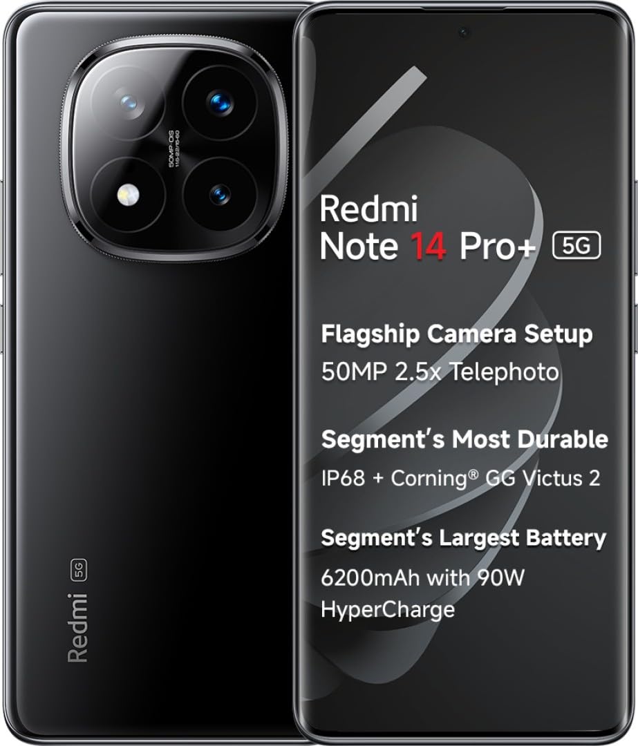 Redmi Note 14 Pro Plus 5G smartphone in black showing front display and rear triple camera setup
