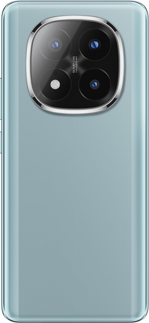 Rear view of Redmi Note 14 Pro Plus 5G smartphone in light blue with triple camera setup