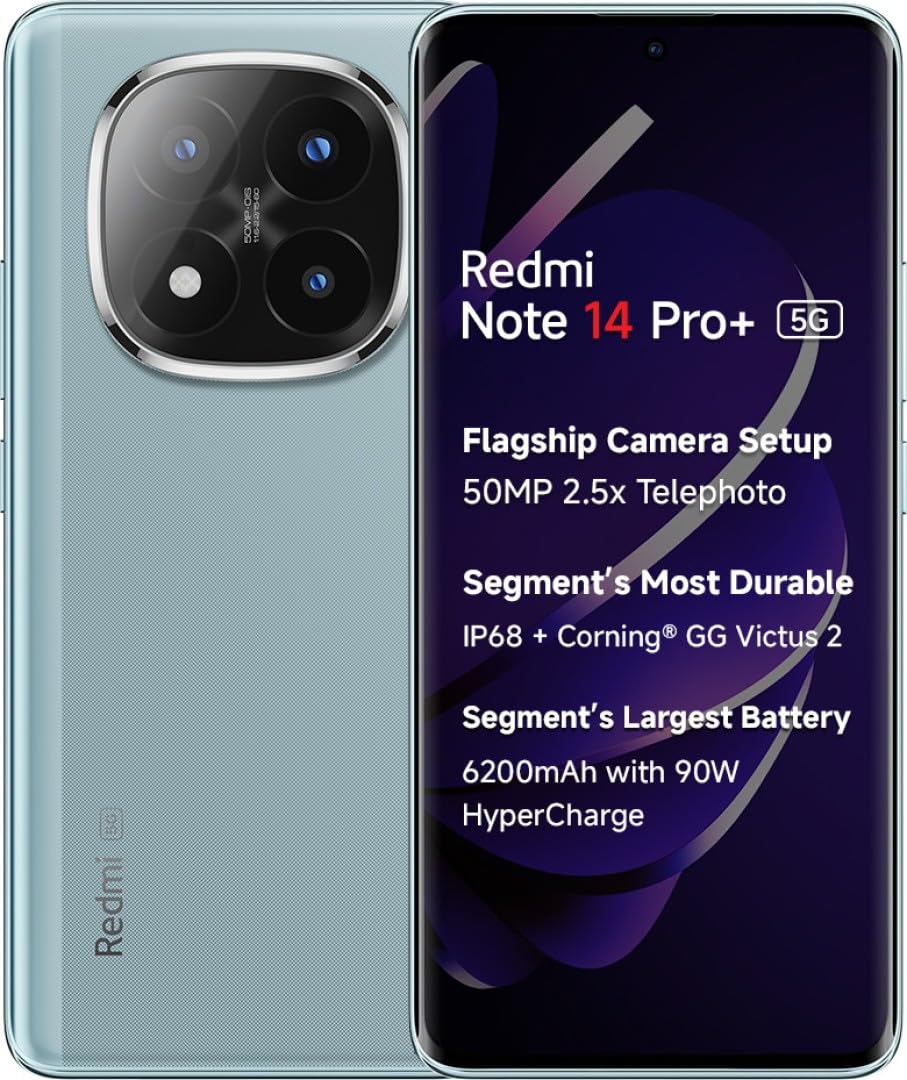 Redmi Note 14 Pro Plus 5G smartphone with flagship camera setup and large battery in blue