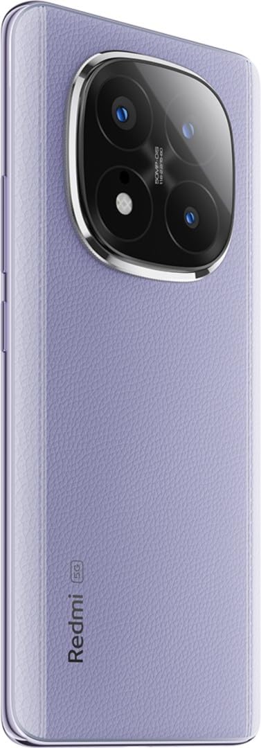 Purple Redmi Note 14 Pro Plus 5G smartphone showing rear triple camera setup and textured back