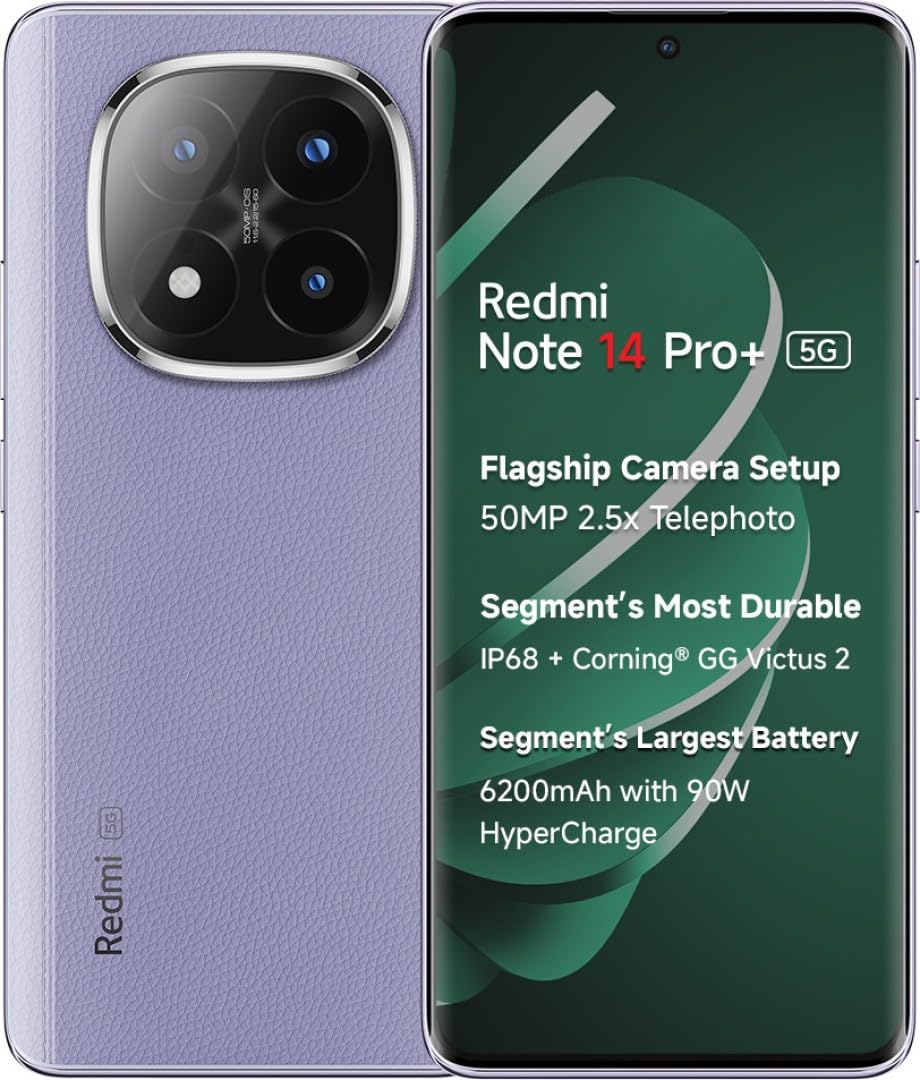 Redmi Note 14 Pro Plus 5G smartphone in purple with flagship camera and large battery