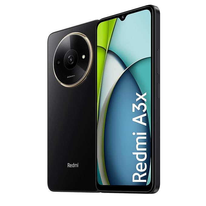 Redmi A3X smartphone in black showing front display and rear camera circle design Redmi A3X 4GB 64GB price
