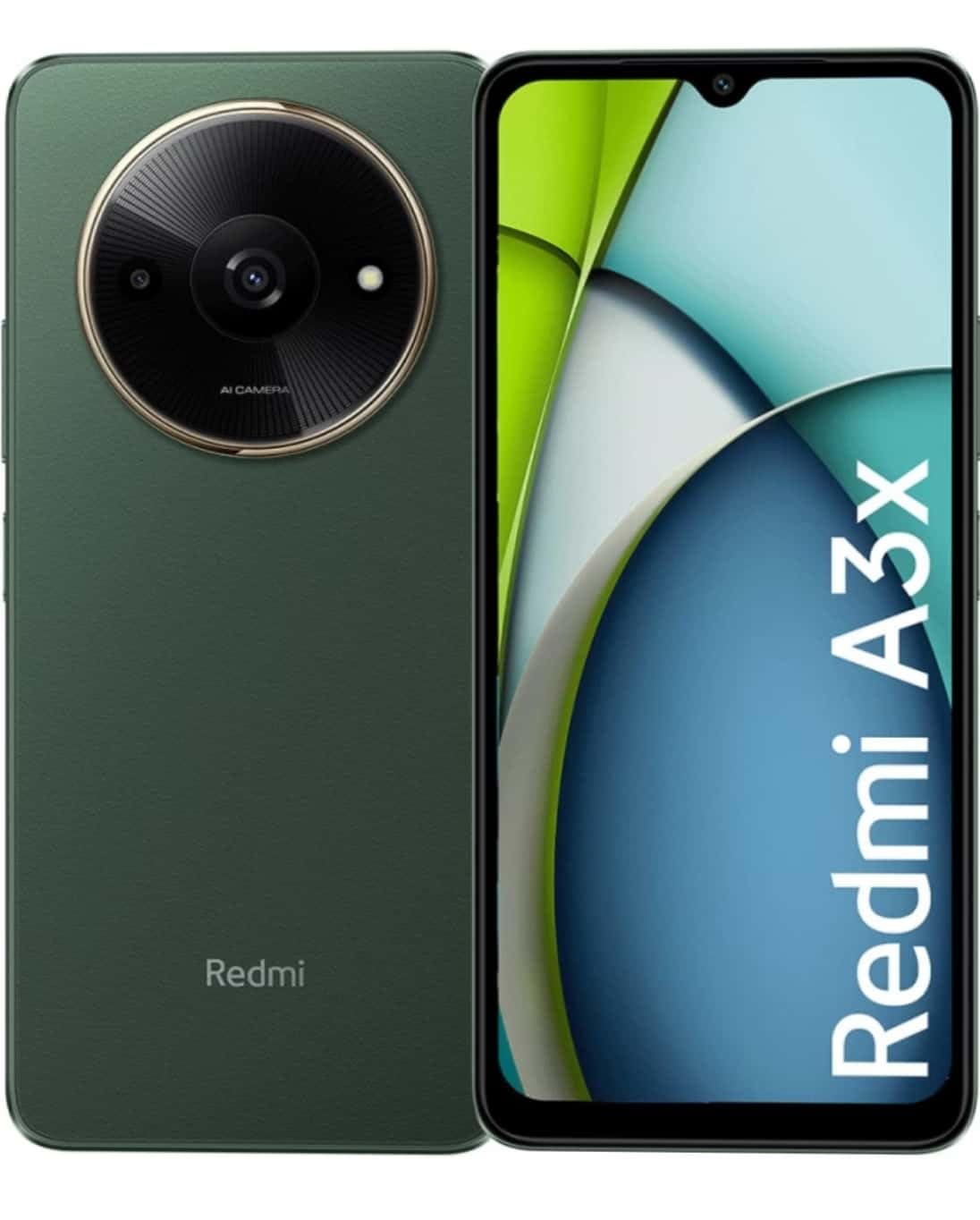 Redmi A3X smartphone with 4GB RAM and 64GB storage shown front and back with price display