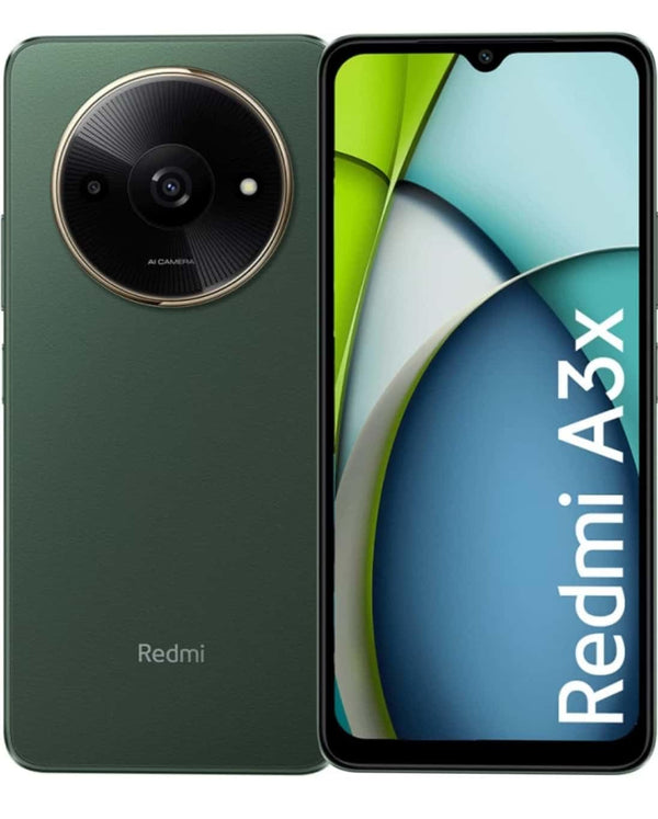 Redmi A3X smartphone with 4GB RAM and 64GB storage shown front and back with price display