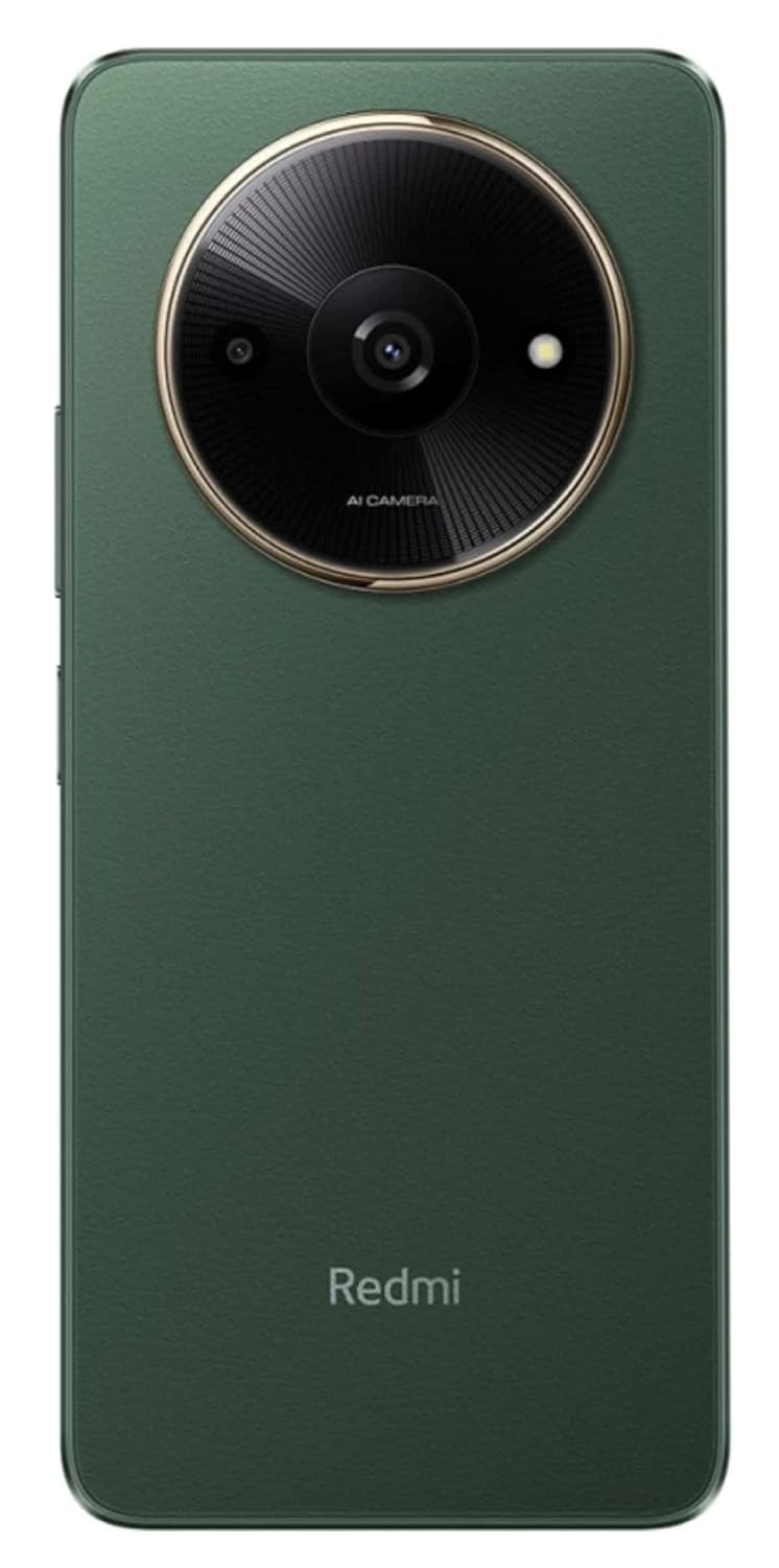 Green Redmi phone showing rear camera design with Redmi A3X 4GB 64GB price details