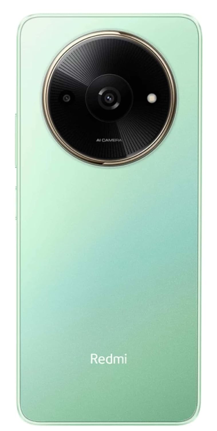 Redmi phone back view in green showing large circular camera module with Redmi A3X 4GB 64GB price