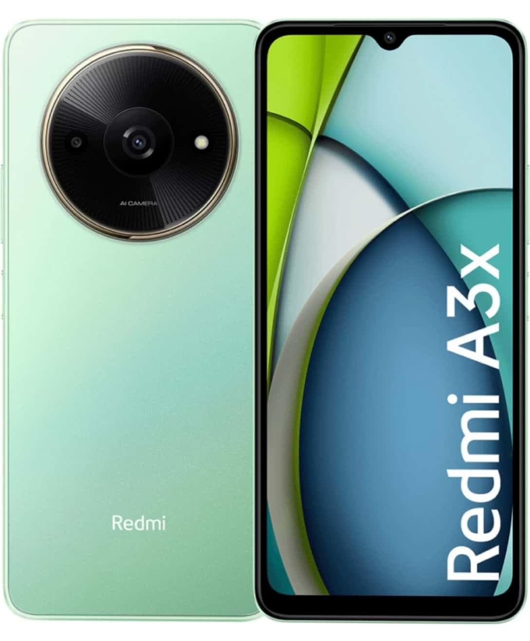 Redmi A3X smartphone in green showing front display and rear camera Redmi A3X 4GB 64GB price