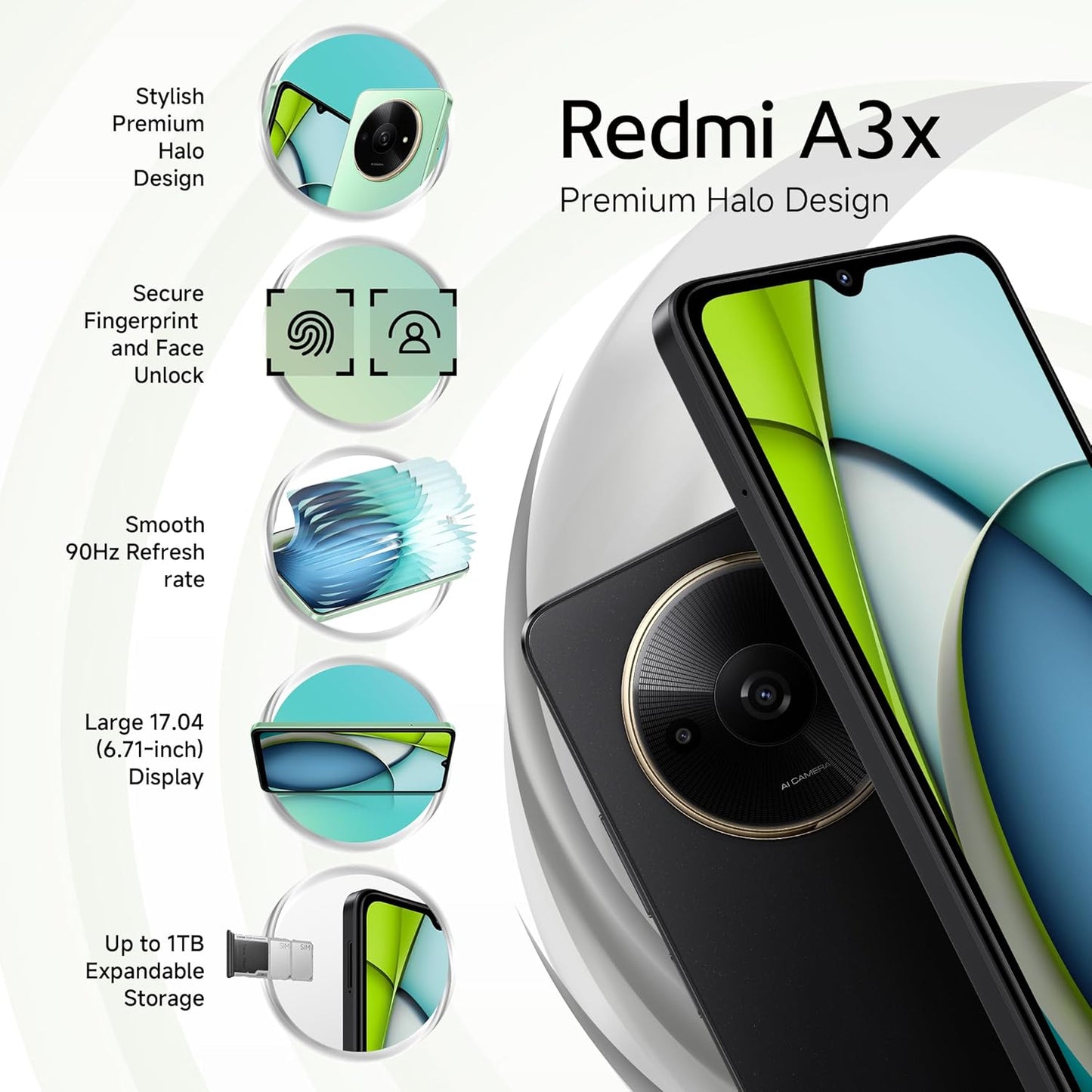 Redmi A3x phone with premium halo design showing camera, fingerprint, face unlock, 90Hz refresh rate, 6.71-inch display, and expandable storage for Redmi A3X 4GB 64GB price