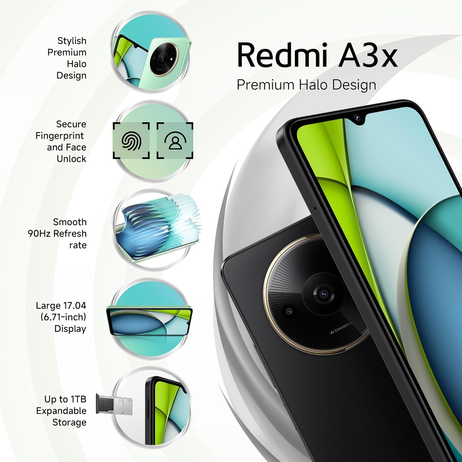 Redmi A3x phone with premium halo design showing camera, fingerprint, face unlock, 90Hz refresh rate, 6.71-inch display, and expandable storage for Redmi A3X 4GB 64GB price