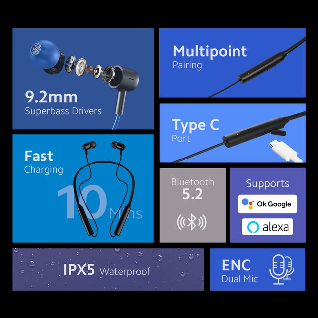 Redmi Sonic Bass 2 neckband with 9.2mm superbass drivers, fast charging, Bluetooth 5.2, and IPX5 waterproof