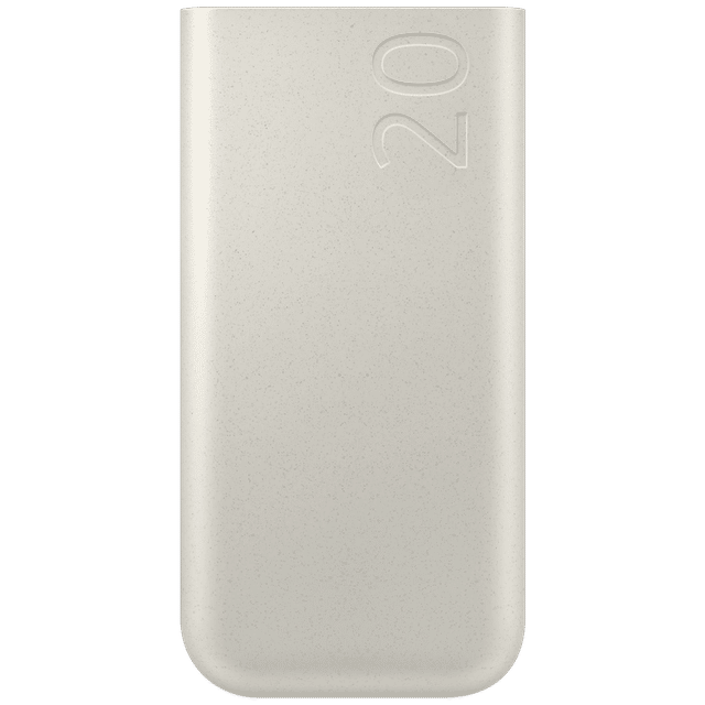 White Samsung 10000mAh power bank with sleek rounded edges and minimalist design