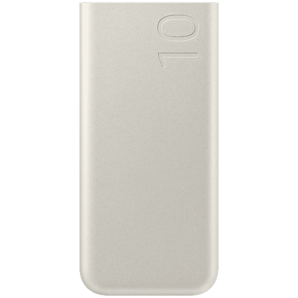 Sleek white Samsung 10000mAh power bank with minimalist design and smooth finish