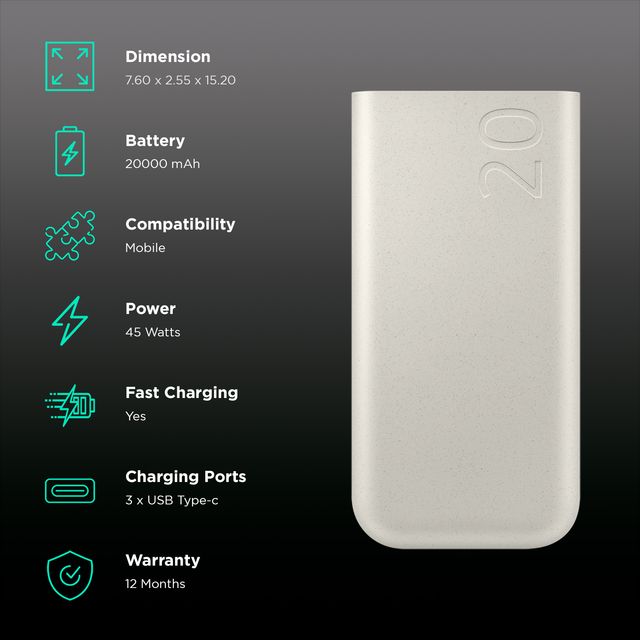 Samsung 10000mAh power bank in white with fast charging and three USB Type-C ports