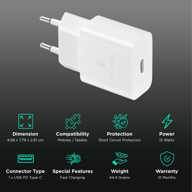 White Samsung 15W fast charger with USB PD Type-C for mobiles and tablets fast charging