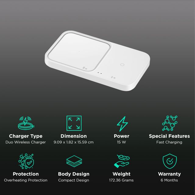 Samsung 2-in-1 wireless charger with dual charging pads and fast charging feature in white