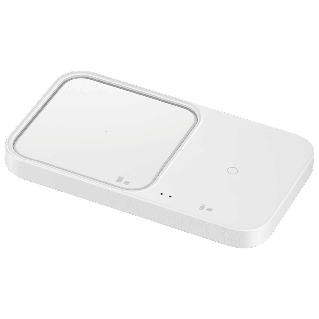 White Samsung 2-in-1 wireless charger for simultaneous charging of two devices with LED indicators