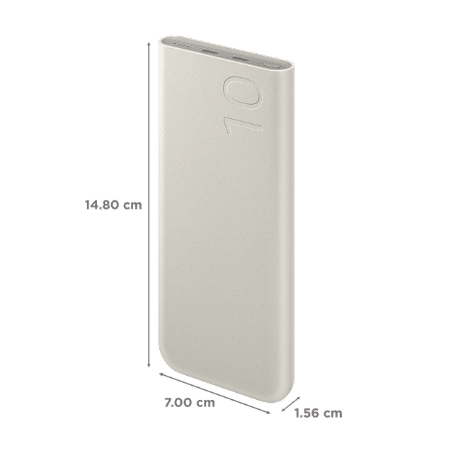 SAMSUNG 20000mAh power bank in white with slim rectangular design and embossed 10 on front