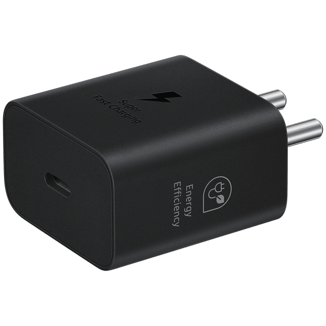 Black Samsung 25W Type C charger with fast charging and energy efficiency for Samsung devices