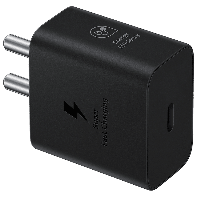 Black Samsung 25W USB C charger with energy efficiency and super fast charging features