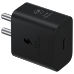 Black Samsung 25W USB C charger with energy efficiency and super fast charging features
