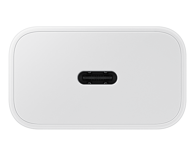 Close-up of Samsung 25W USB C charger white charging port on black background