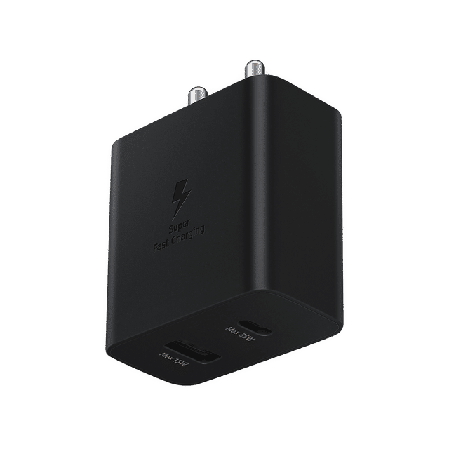 Samsung 35W USB C charger in black with dual ports for fast charging Samsung devices